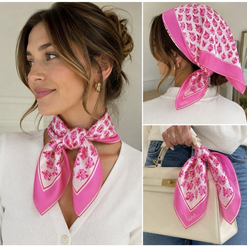 Vera Neumann Pink Floral Silk Scarf Square Mod Retro Pocket Scarf 21x21